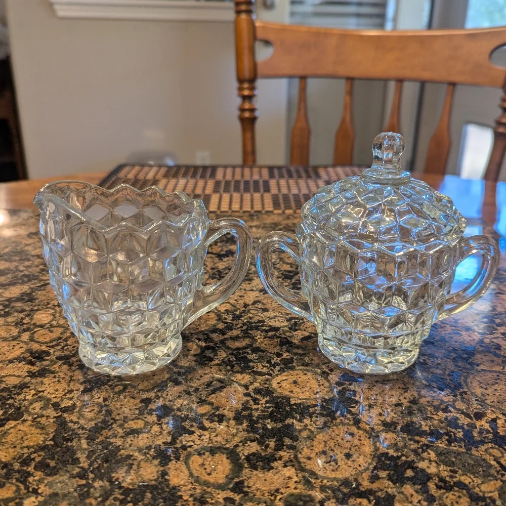 VTG Indiana Glass American Whitehall Creamer Sugar Set W Lid Cubist Pattern USA